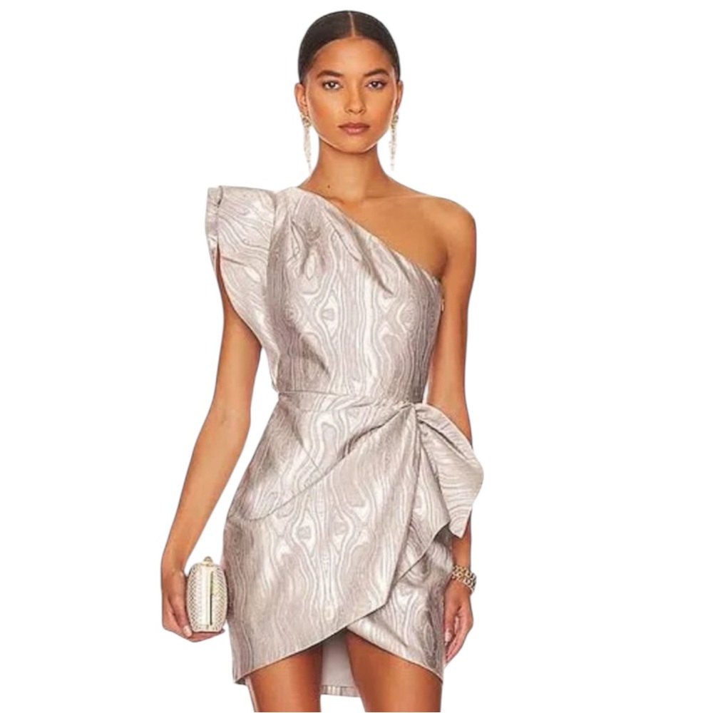 Saylor‎ Ann Mini Dress XS Silver Metallic Jacquard One Shoulder Ruffle
